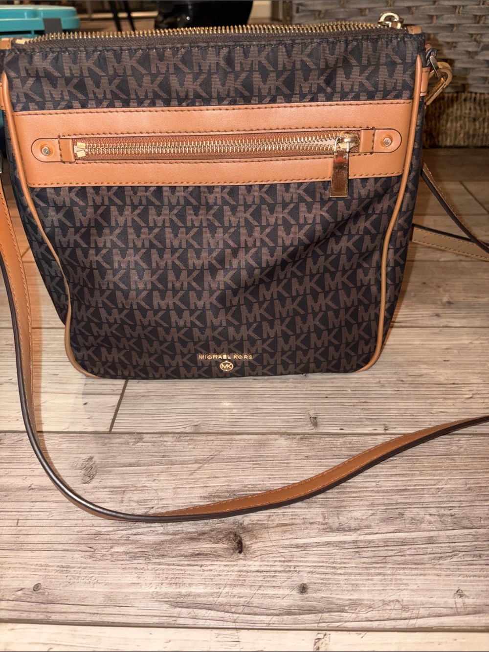 MICHAEL KORS Brown MK Logo Crossbody with Tan Trim and Gold Hardware
